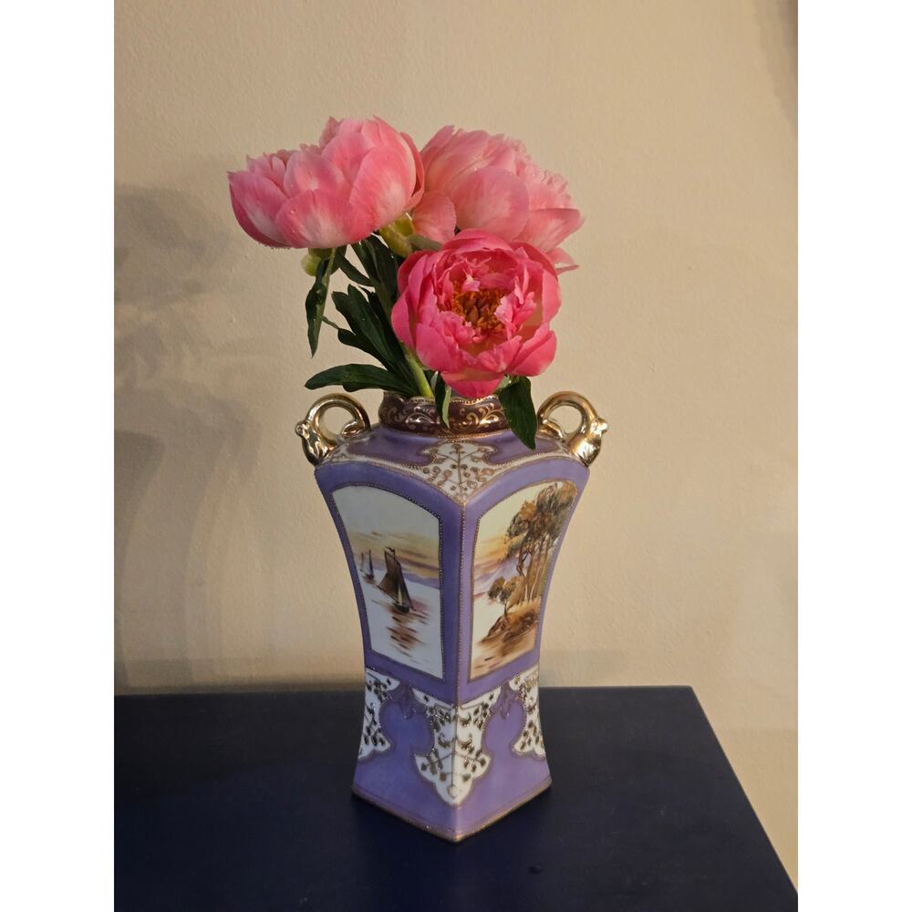 I&E Co. Antique Japanese Vase Hand Painted Purple Gold Moriage